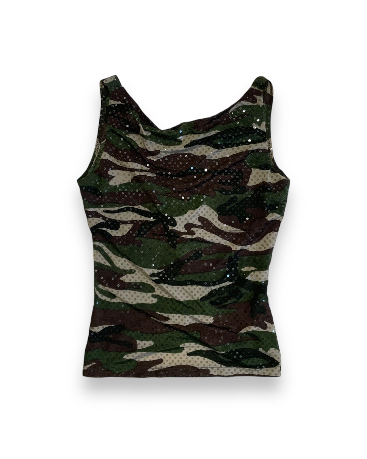 CAMO SEQUIN COWL NECK TOP