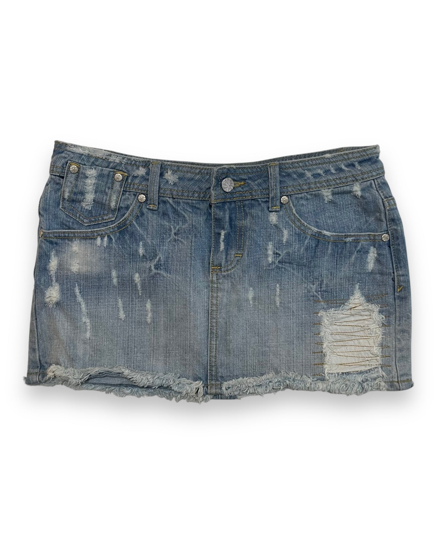 DISTRESSED LIGHT WASH DENIM MINI SKIRT