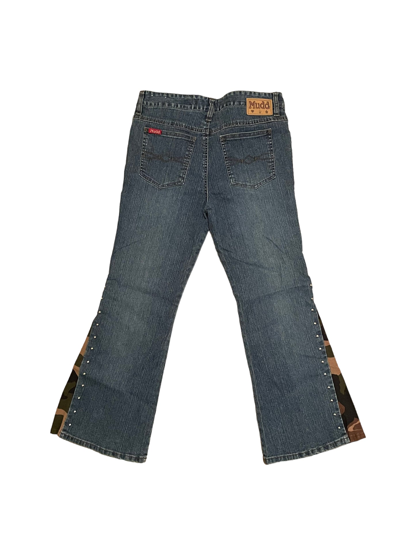 MUDD STUDDED CAMO FLARE JEANS