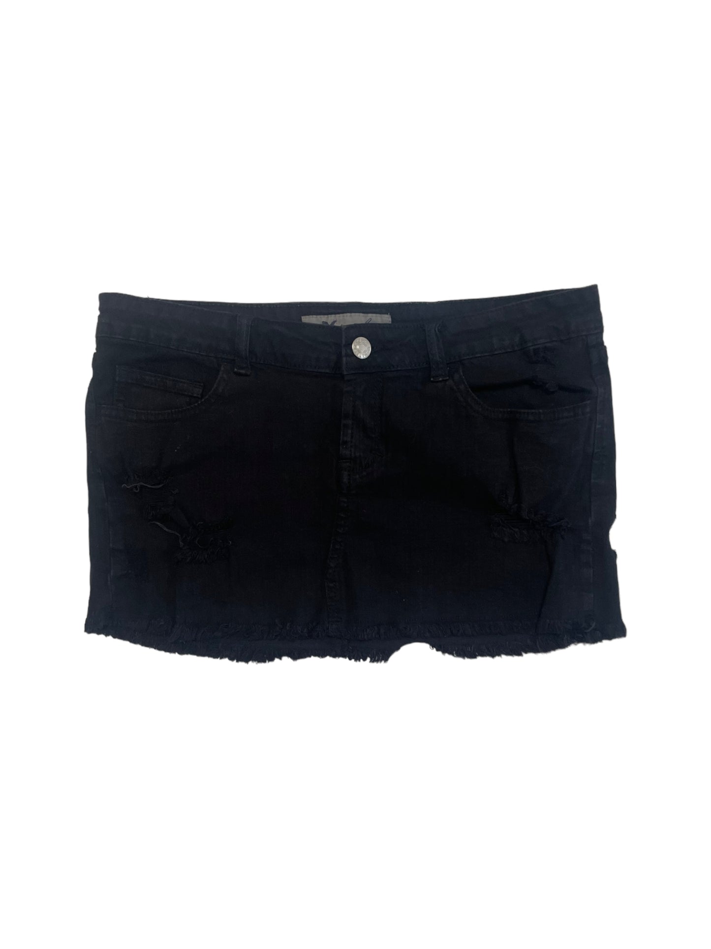 BLACK DISTRESSED DENIM MINI SKIRT