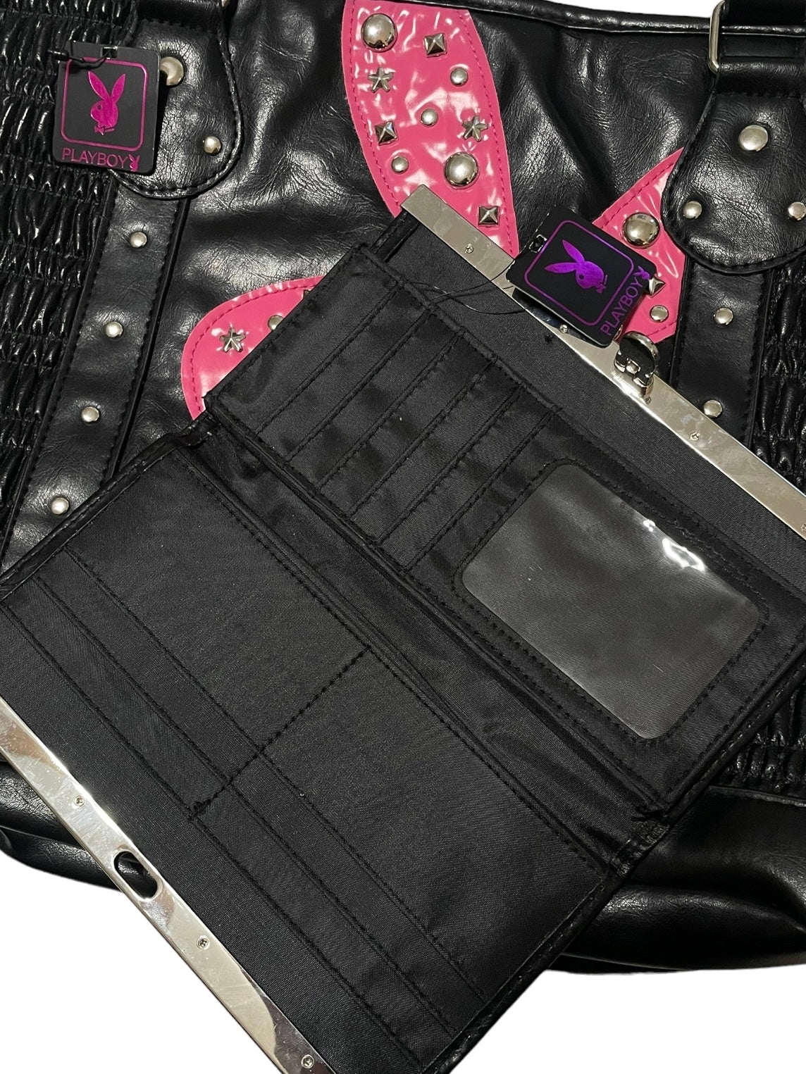 PLAYBOY BLACK AND PINK STUDDED WALLET SET