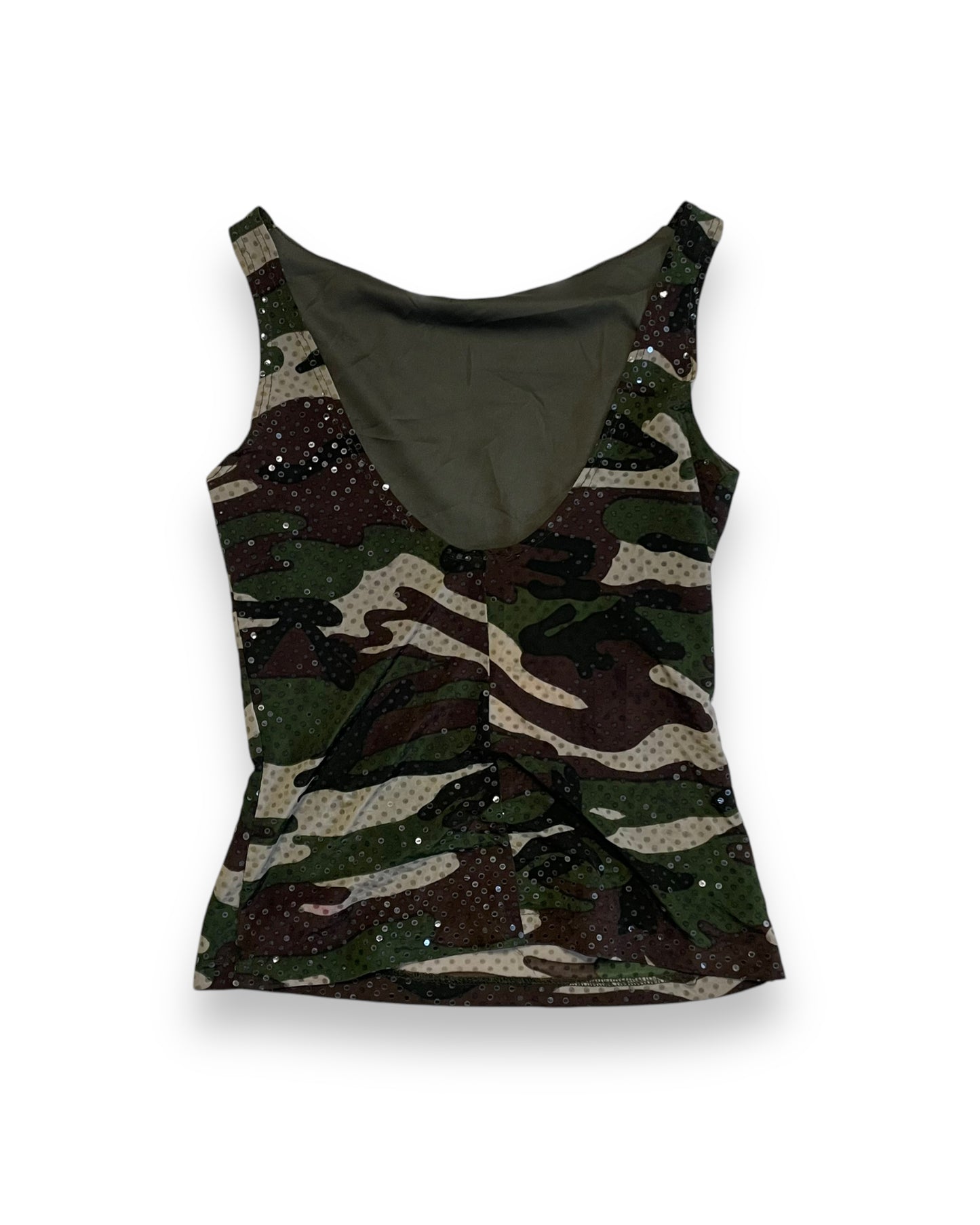 CAMO SEQUIN COWL NECK TOP