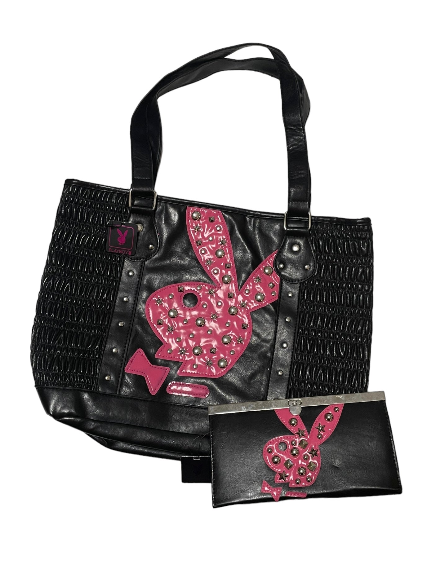 PLAYBOY BLACK AND PINK STUDDED WALLET SET
