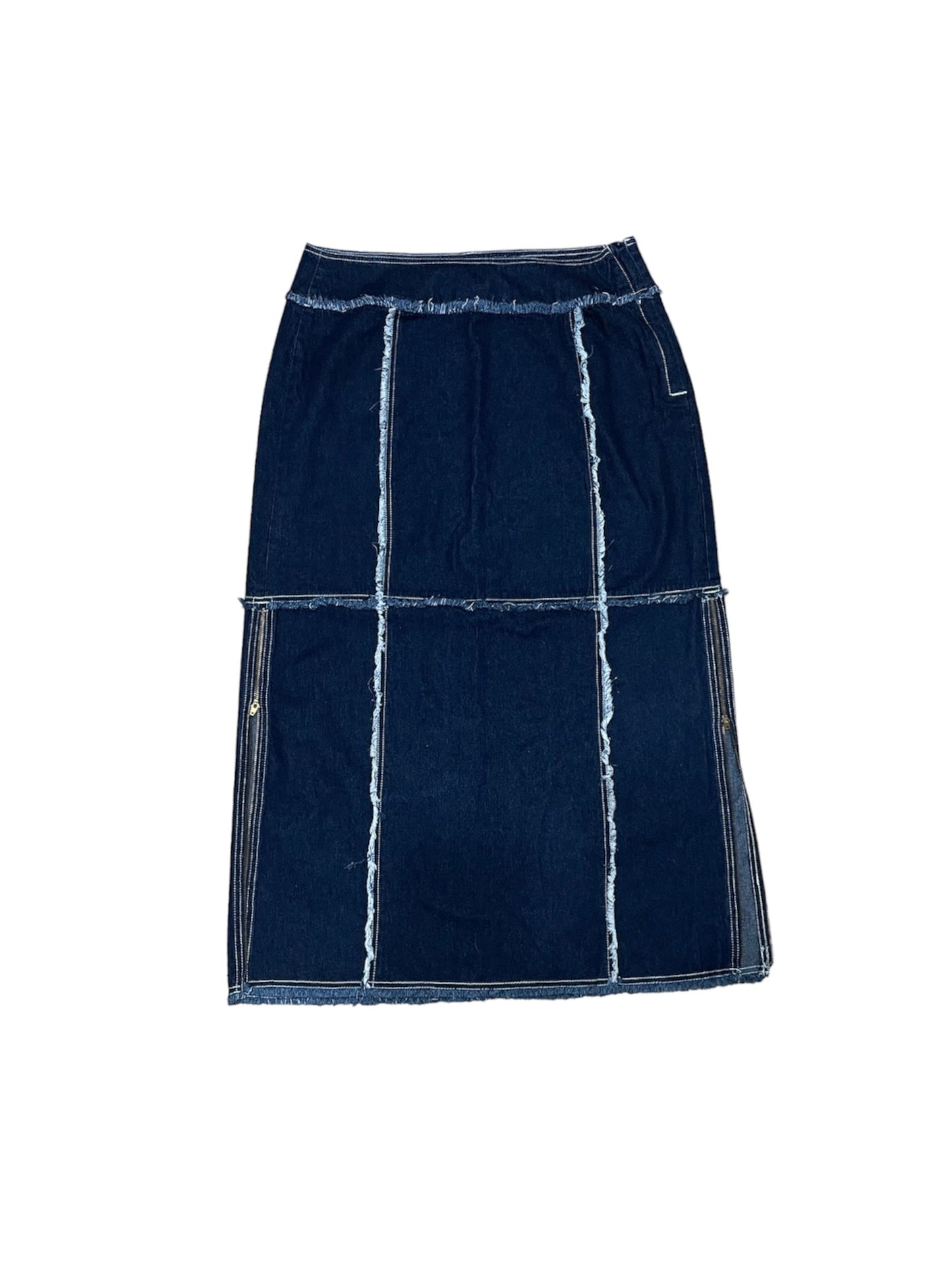 FRAYED DENIM MAXI SKIRT