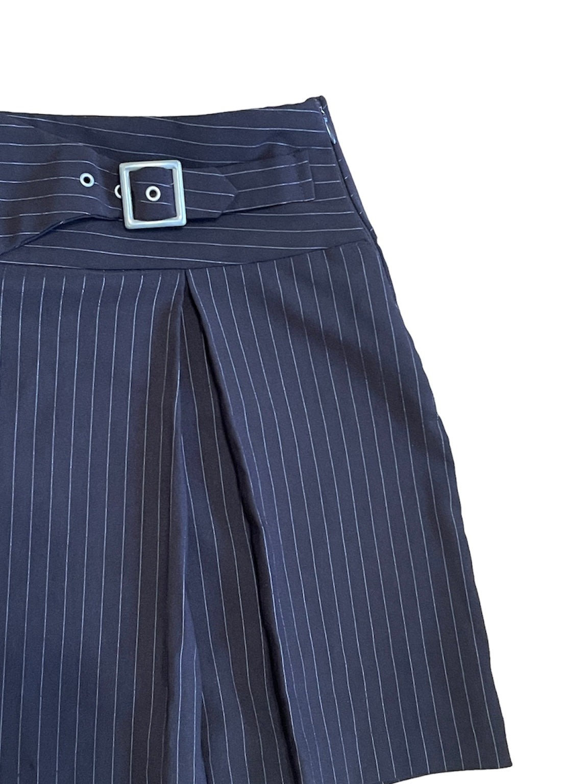 DARK BROWN PINSTRIPE BELTED MINI SKIRT