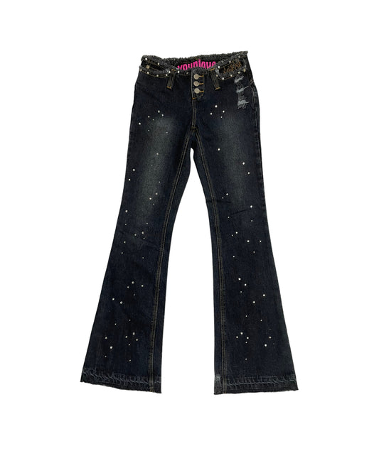 BEDAZZLED DISTRESSED Y2K LOW RISE FLARE JEANS