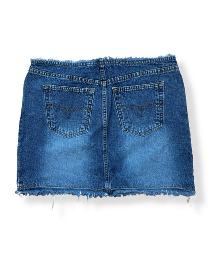 DISTRESSED DENIM MINI SKIRT