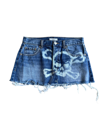 UPCYCLED BLEACHED SKULL DENIM MINI SKIRT